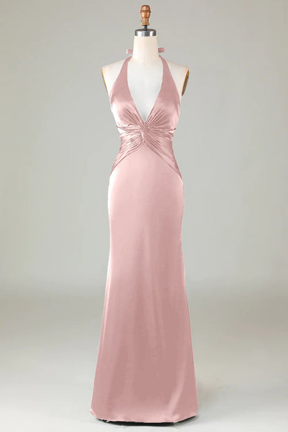 ILYNORA dusty rose halter neck satin formal dress front view