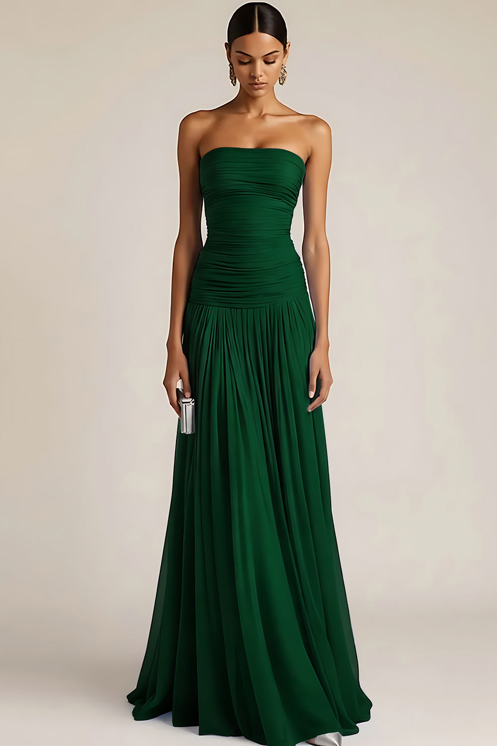 ILYNORA emerald green ruched maxi bridesmaid dress front view