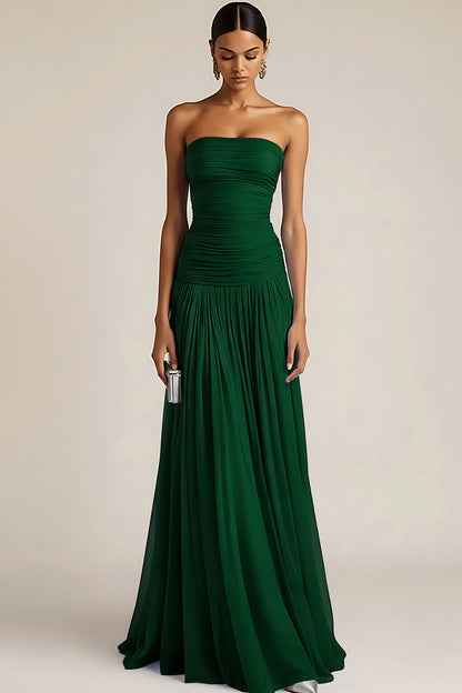 ILYNORA emerald green ruched maxi bridesmaid dress front view