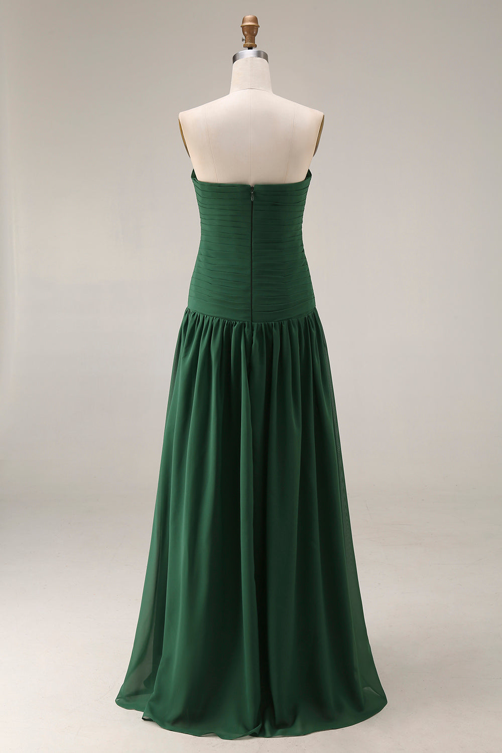 ILYNORA emerald green ruched maxi bridesmaid dress on mannequin back view