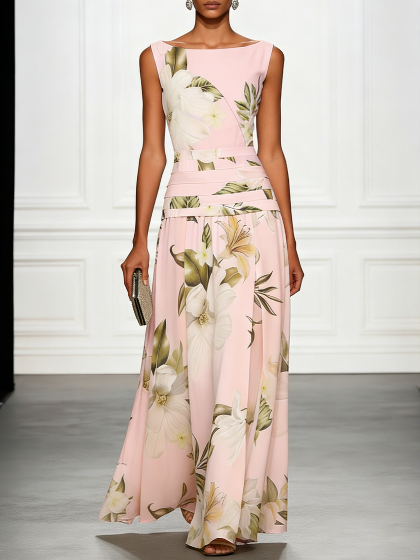 Floral Boat Neck Sleeveless Wedding Guest Maxi Dress