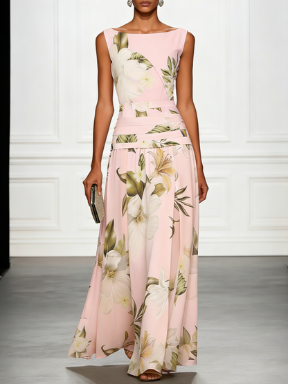 Floral Boat Neck Sleeveless Wedding Guest Maxi Dress