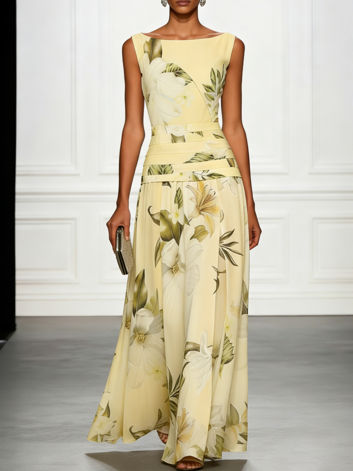 Floral Boat Neck Sleeveless Wedding Guest Maxi Dress