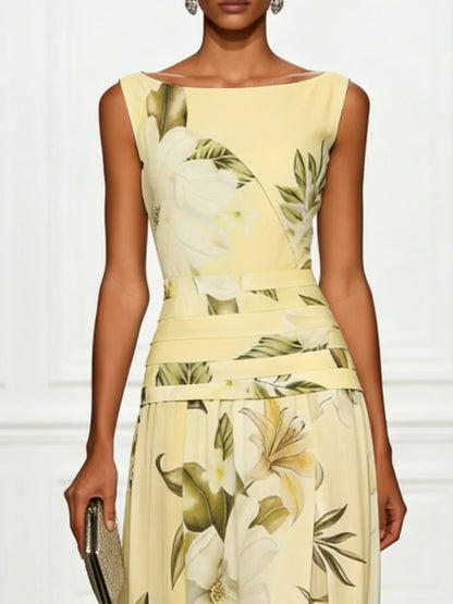 Floral Boat Neck Sleeveless Wedding Guest Maxi Dress