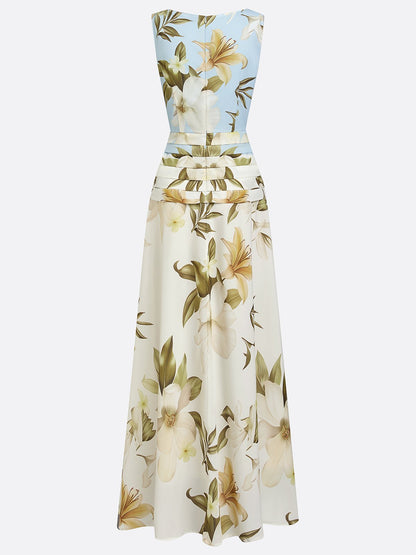 Floral Boat Neck Sleeveless Wedding Guest Maxi Dress