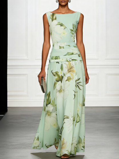 Floral Boat Neck Sleeveless Wedding Guest Maxi Dress