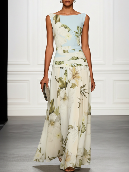 Floral Boat Neck Sleeveless Wedding Guest Maxi Dress