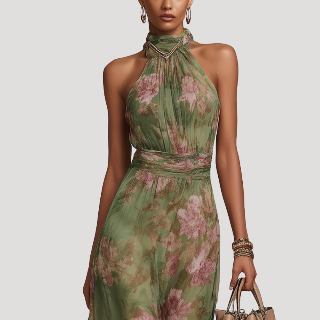 Floral Halter Neck Wedding Guest Maxi Dress