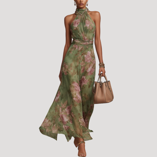 Floral Halter Neck Wedding Guest Maxi Dress