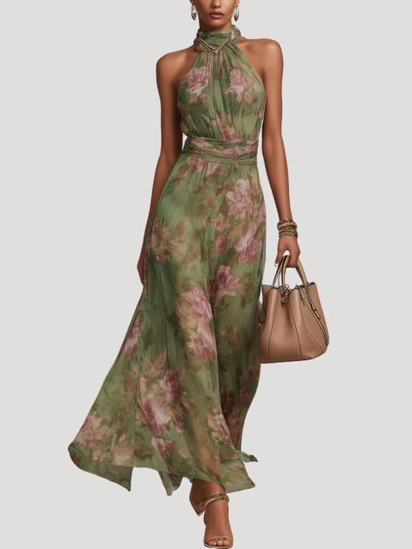 Floral Halter Neck Wedding Guest Maxi Dress