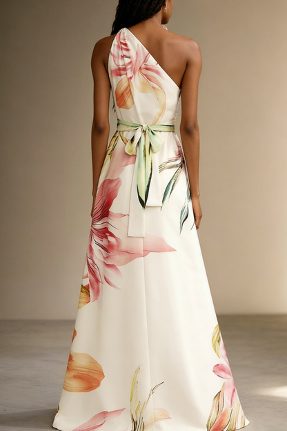 Floral Satin One Shoulder Wedding Guest Maxi Dress