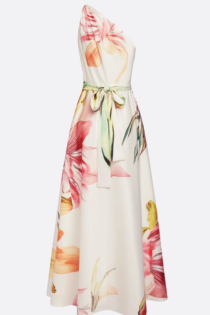 Floral Satin One Shoulder Wedding Guest Maxi Dress