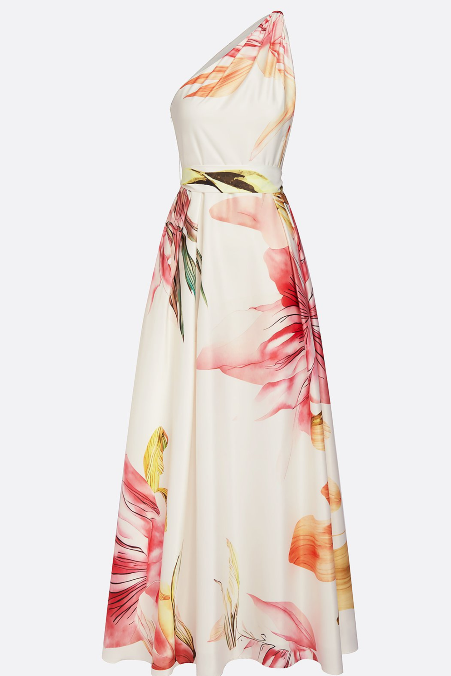 Floral Satin One Shoulder Wedding Guest Maxi Dress