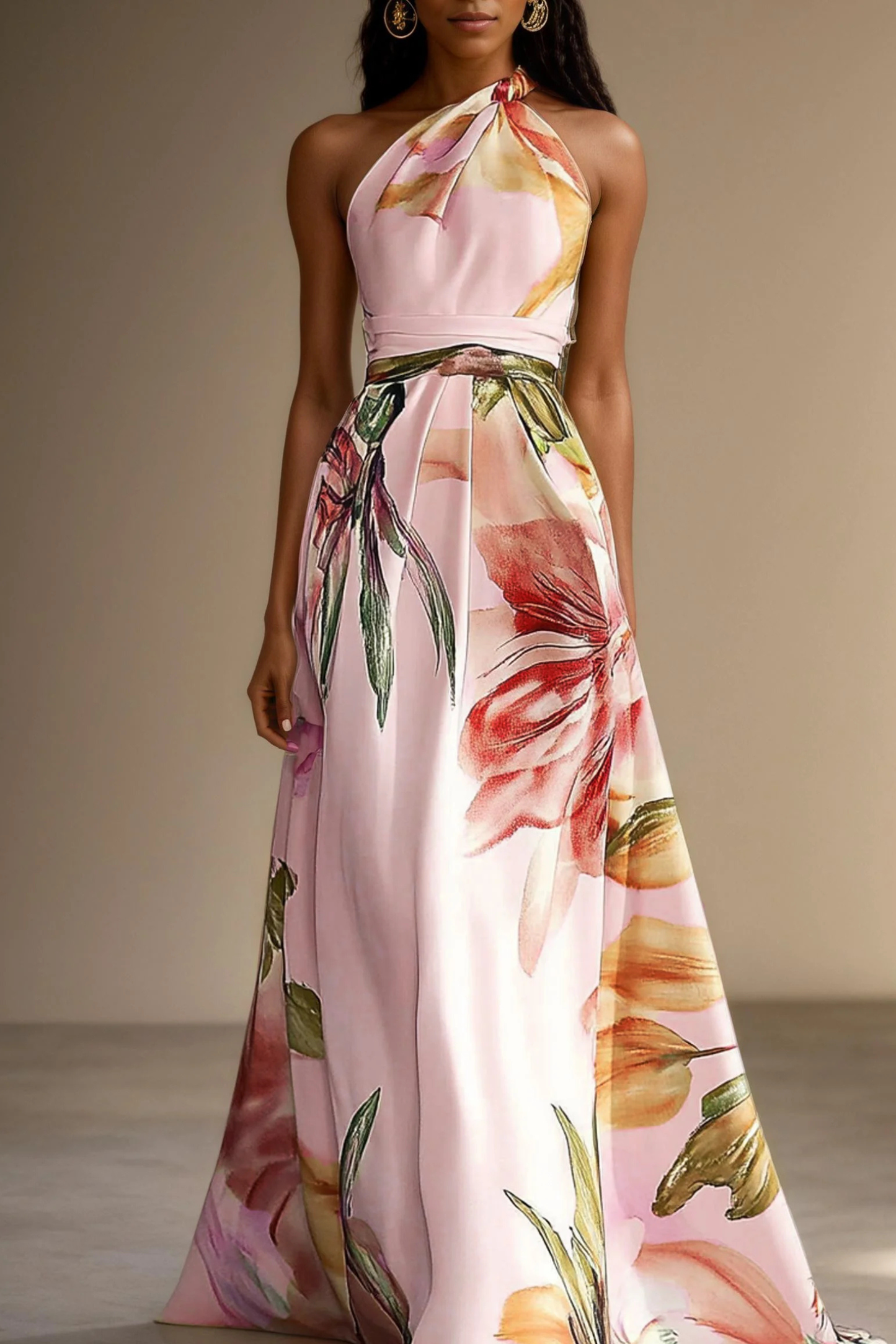 Floral Satin One Shoulder Wedding Guest Maxi Dress