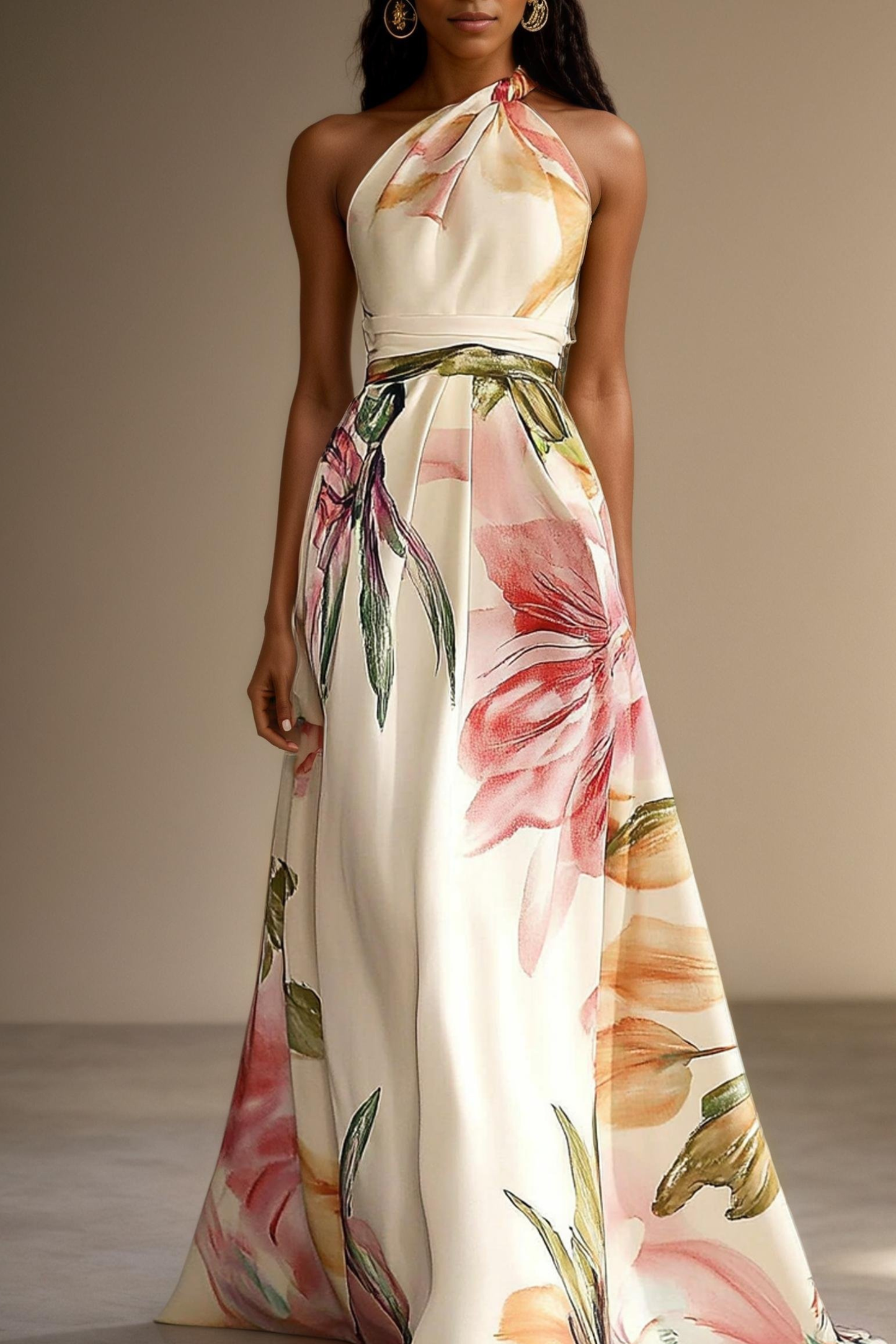 Floral Satin One Shoulder Wedding Guest Maxi Dress