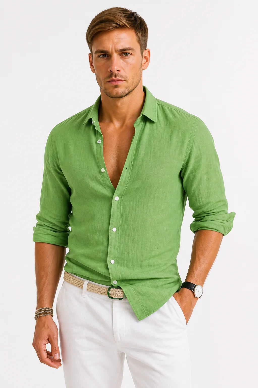 ILYNORA green linen button-up shirt front view