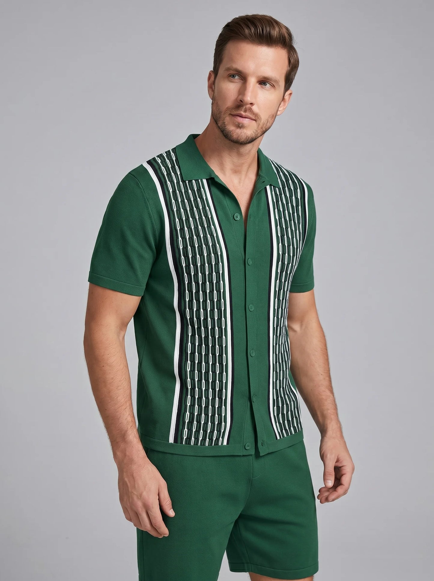 ILYNORA green short sleeve shirt and shorts set front view