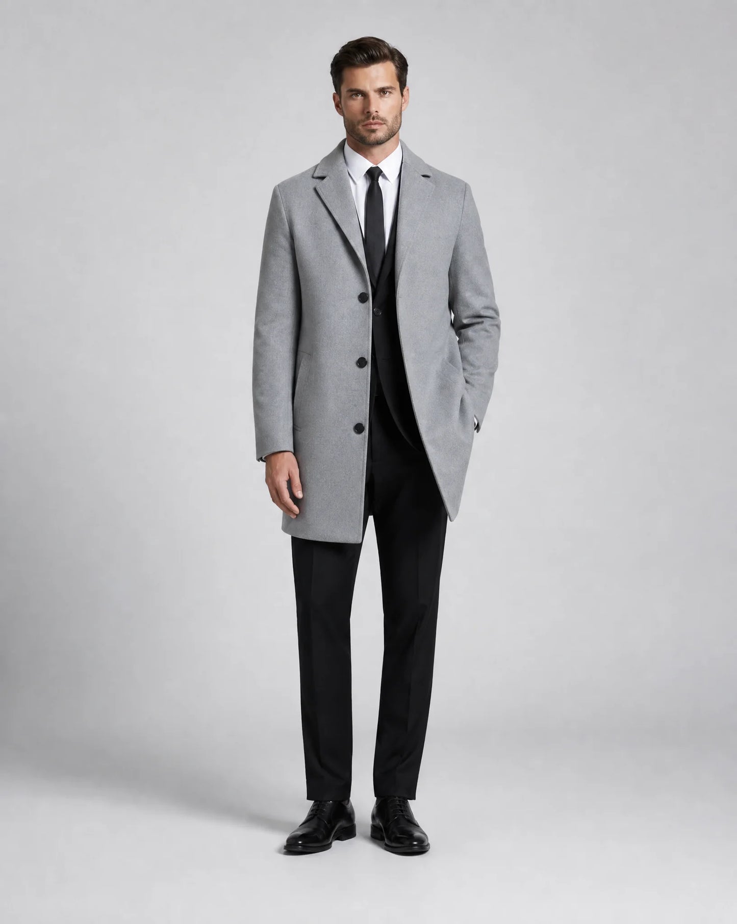 ILYNORA grey classic tailored long overcoat front view