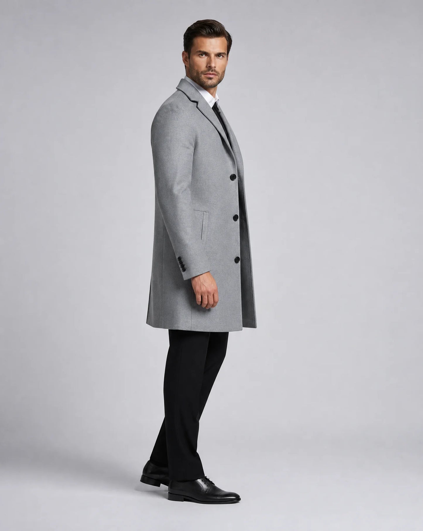 ILYNORA grey classic tailored long overcoat side view