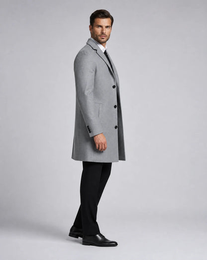 ILYNORA grey classic tailored long overcoat side view