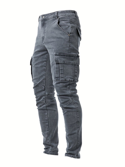 ILYNORA grey slim fit cargo jeans with side pockets
