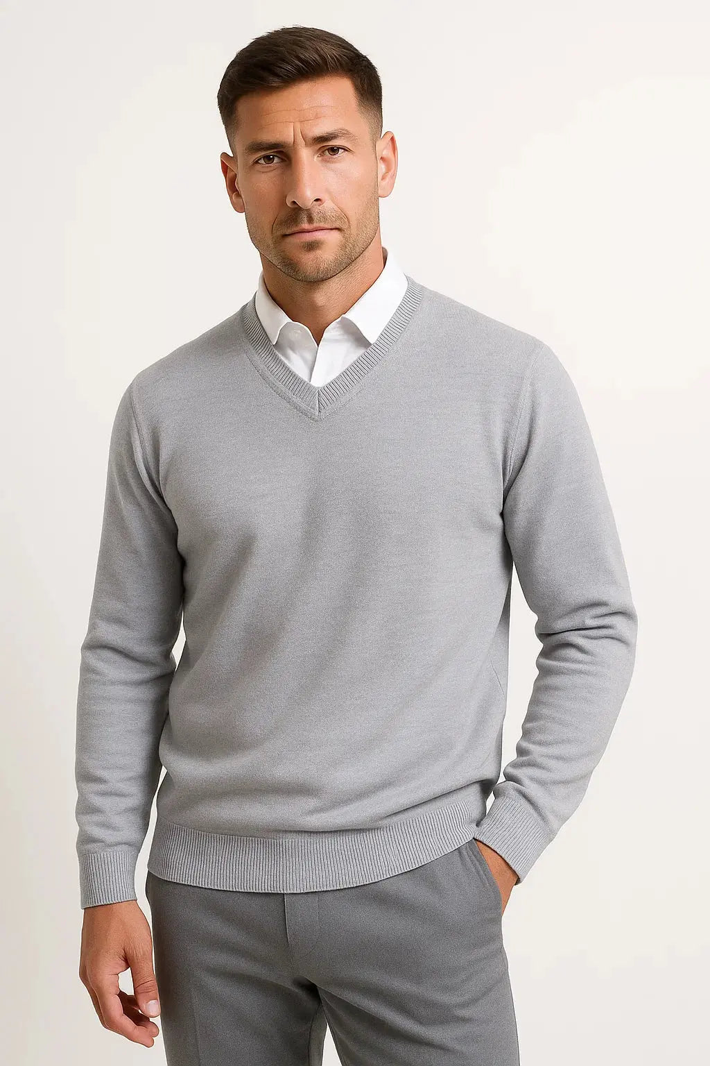 ILYNORA grey V-neck slim fit knit sweater front view