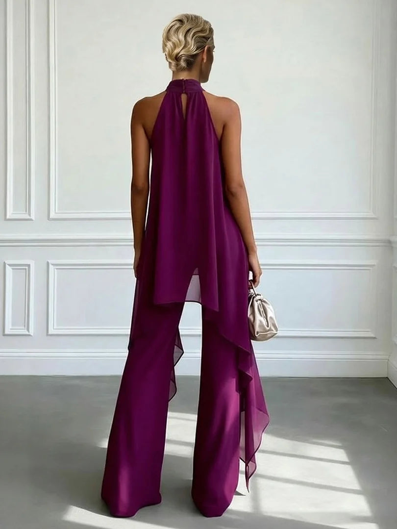 Halter Neck Chiffon Top and Wide Leg Trousers Set