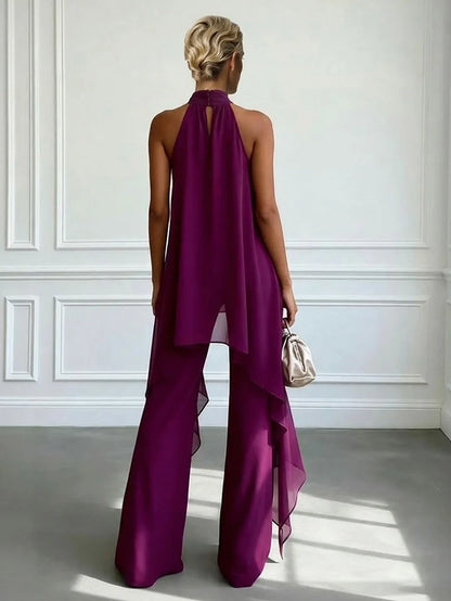 Halter Neck Chiffon Top and Wide Leg Trousers Set