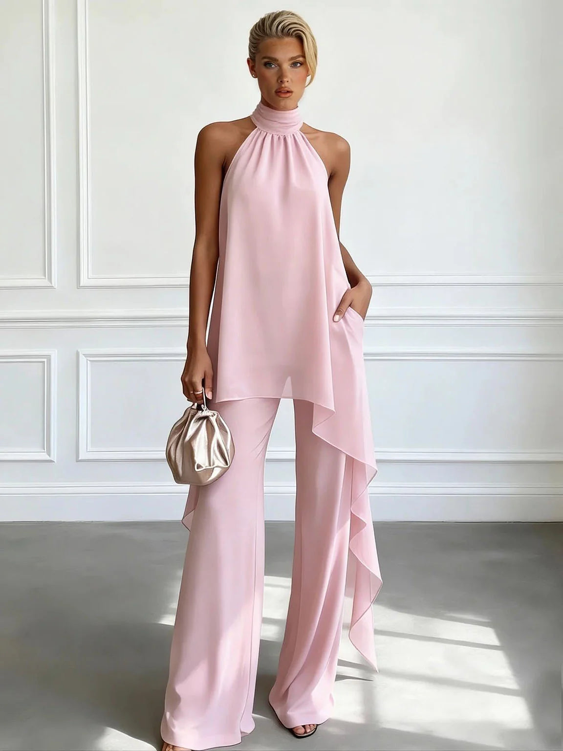 Halter Neck Chiffon Top and Wide Leg Trousers Set