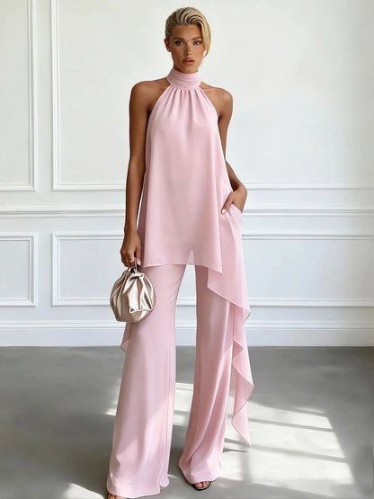 Halter Neck Chiffon Top and Wide Leg Trousers Set