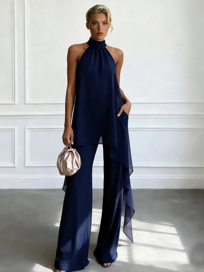 Halter Neck Chiffon Top and Wide Leg Trousers Set