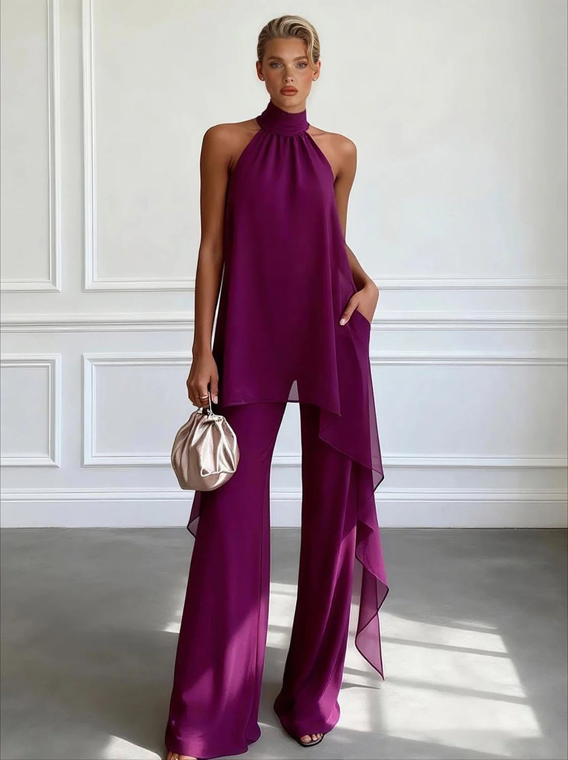 Halter Neck Chiffon Top and Wide Leg Trousers Set