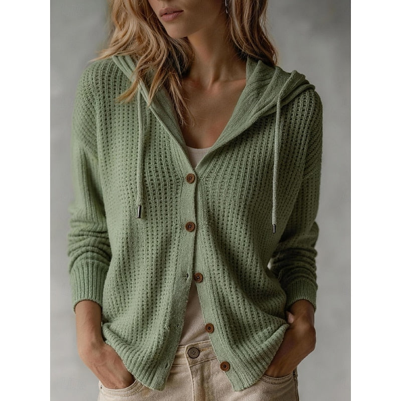 Hooded Ribbed Cuff Button Front Cardigan
