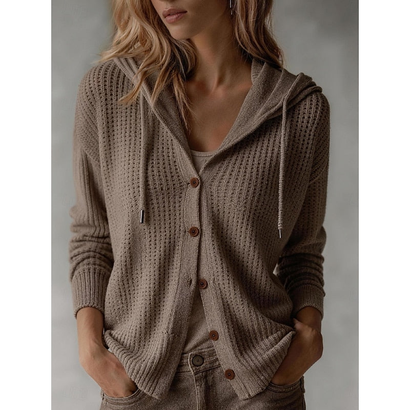 Hooded Ribbed Cuff Button Front Cardigan