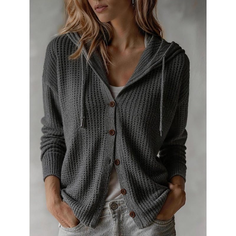 Hooded Ribbed Cuff Button Front Cardigan