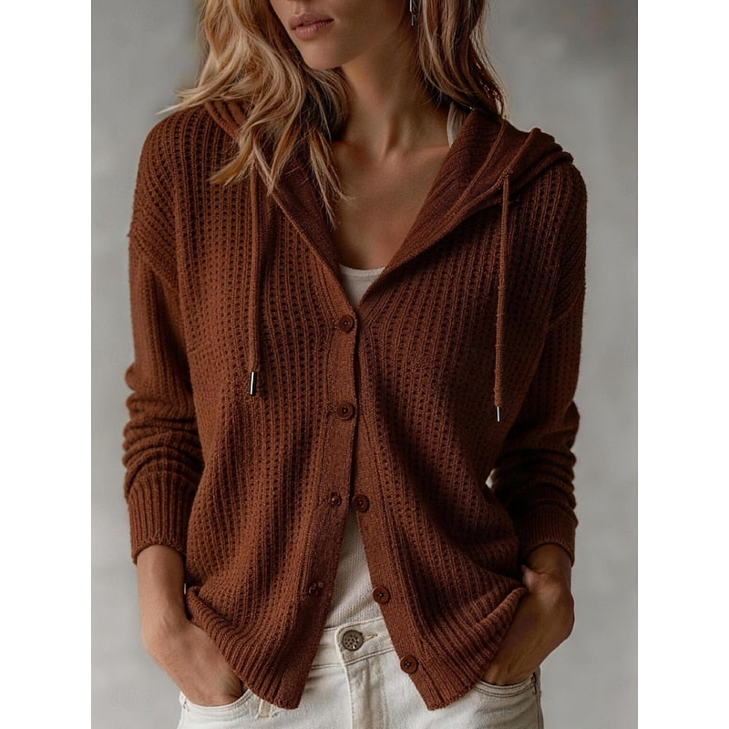 Hooded Ribbed Cuff Button Front Cardigan