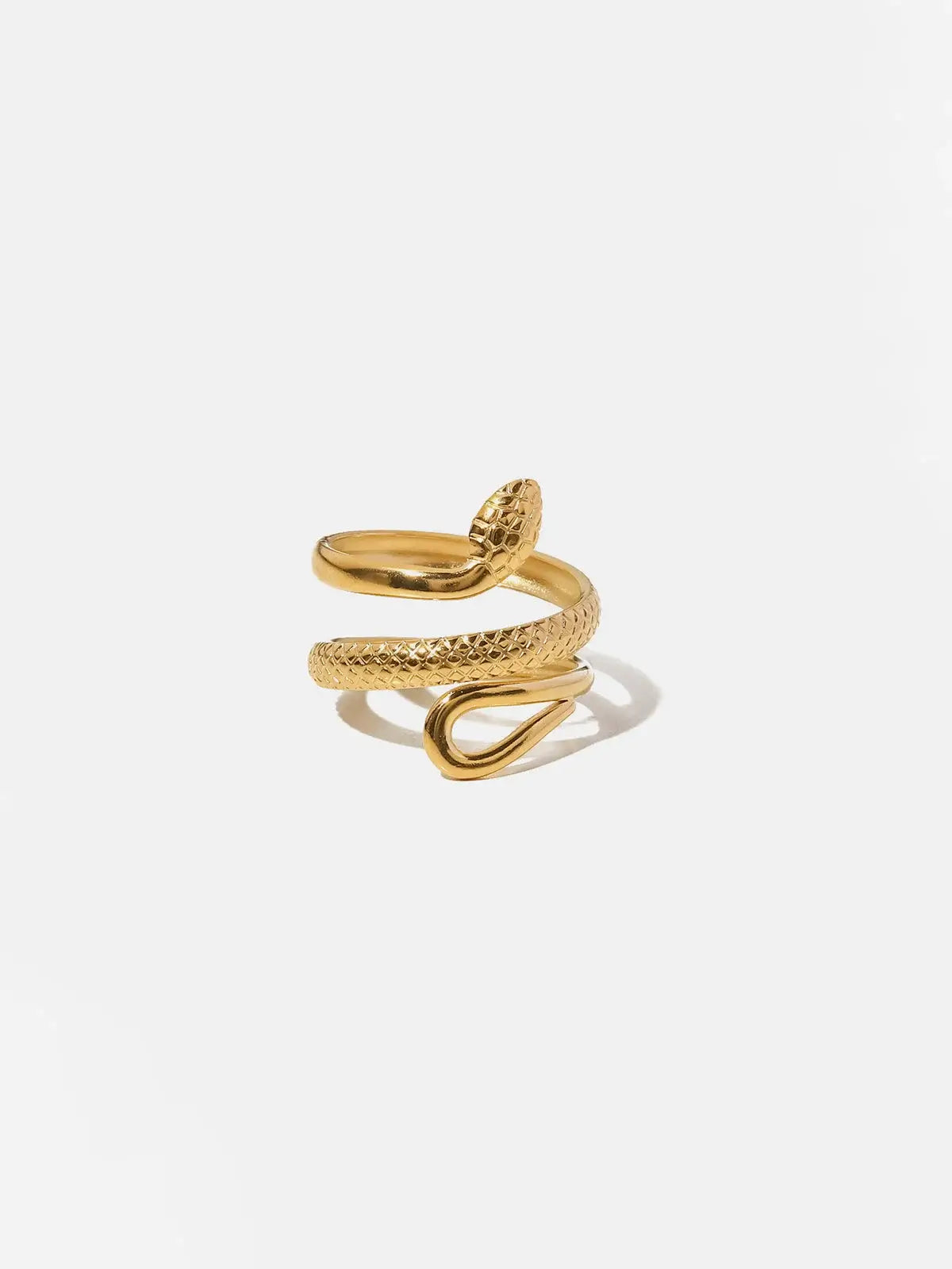 Gold tone adjustable snake ring by Ilynora, front view with sculpted wrap design and polished finish