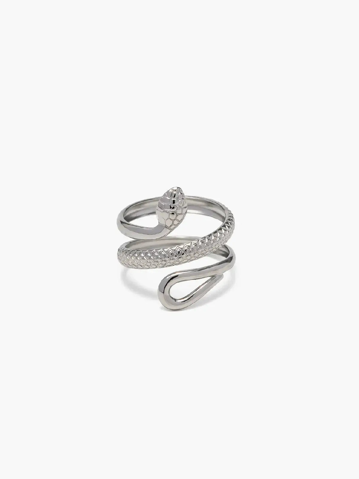 Silver tone adjustable snake ring by Ilynora, product view with sculpted wrap design and polished finish