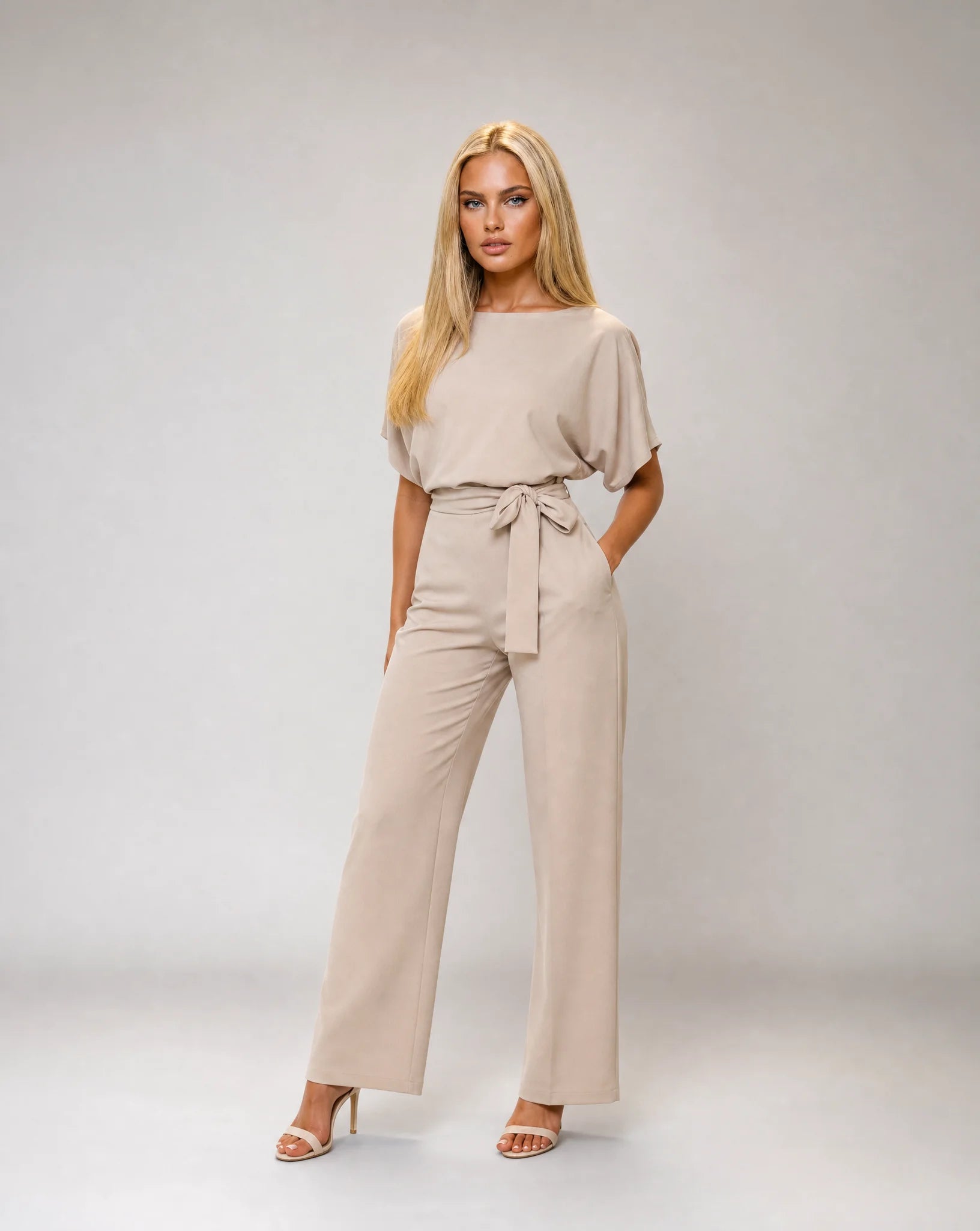Apricot belted wide leg jumpsuit for women by Ilynora, front view with elegant draping and relaxed fit