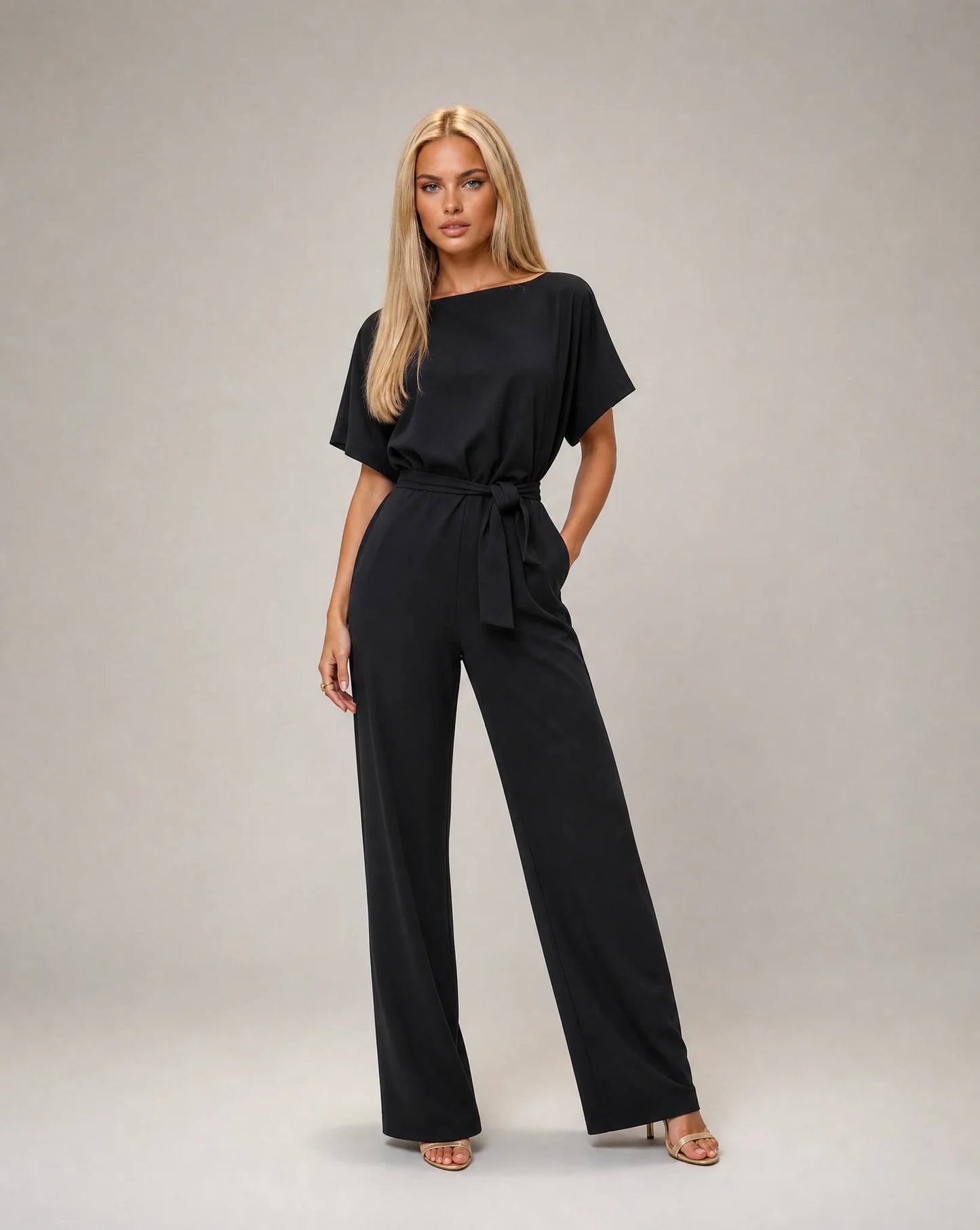 Black belted wide leg jumpsuit for women by Ilynora, front view with flowing trousers and refined silhouette