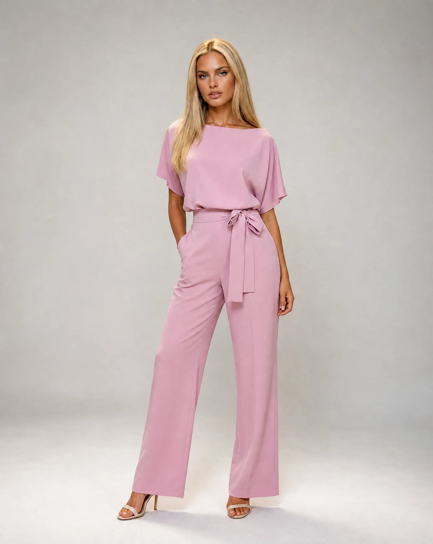 Pink belted wide leg jumpsuit for women by Ilynora, front view with flowing fit and elegant waist detail