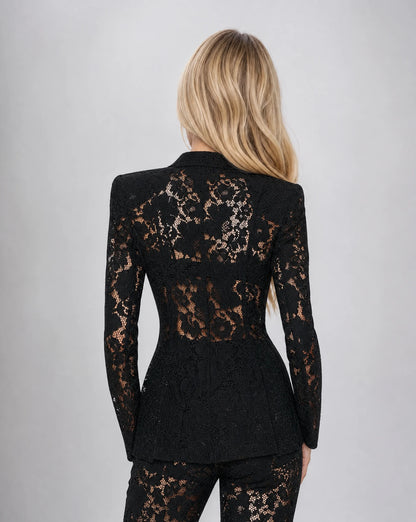 Back view of women's black floral lace tailored blazer featuring sheer lace panels and elegant fitted silhouette by ILYNORA