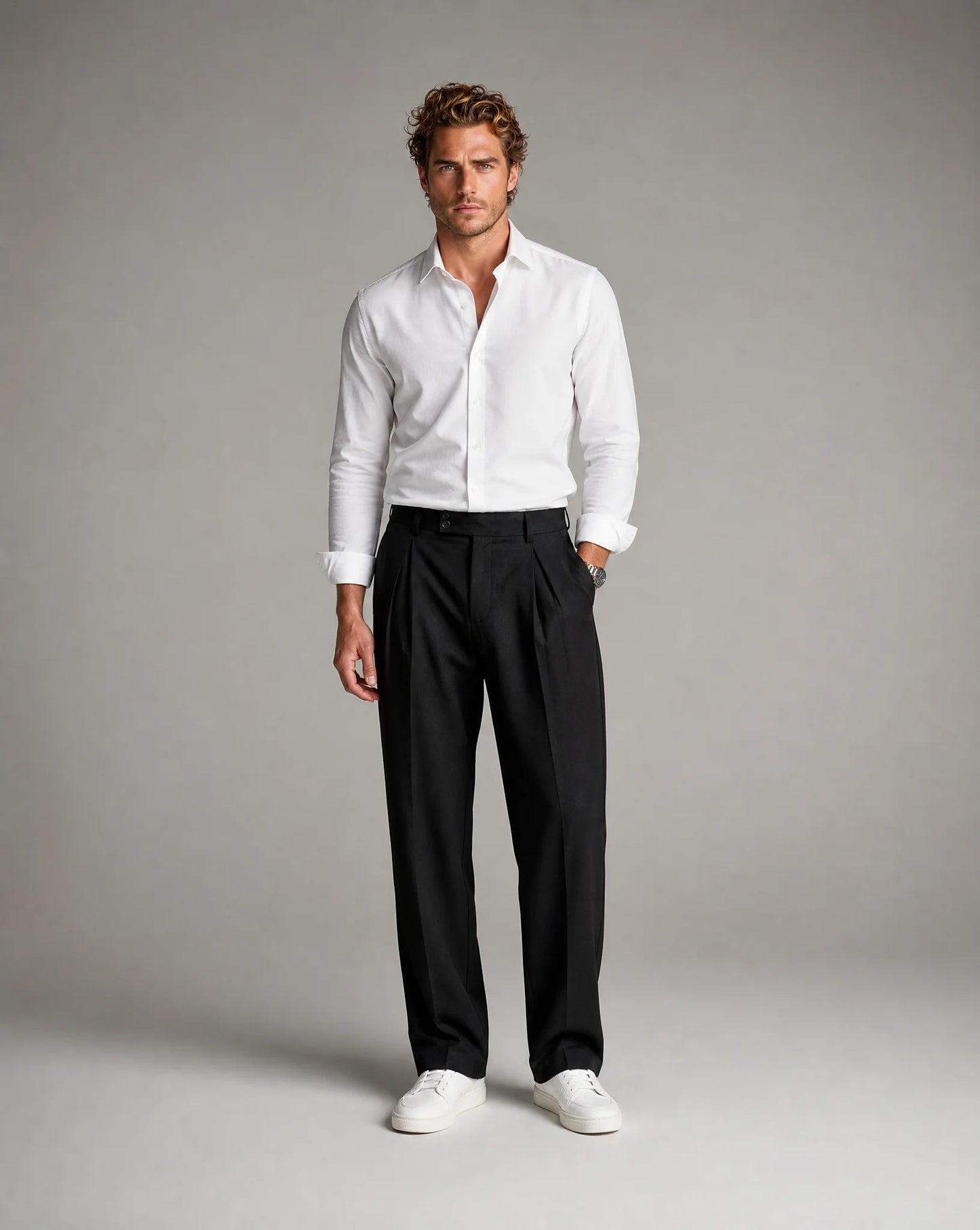 Full outfit featuring men's black wide leg pleated tailored trousers with relaxed fit and modern minimalist styling by ILYNORA