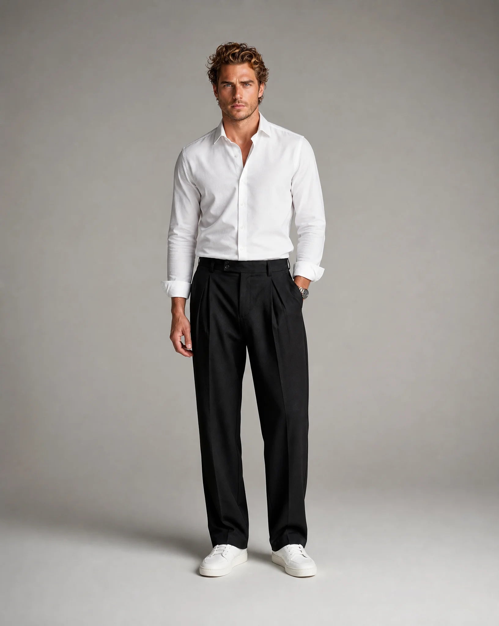 Full outfit featuring men's black wide leg pleated tailored trousers with relaxed fit and modern minimalist styling by ILYNORA