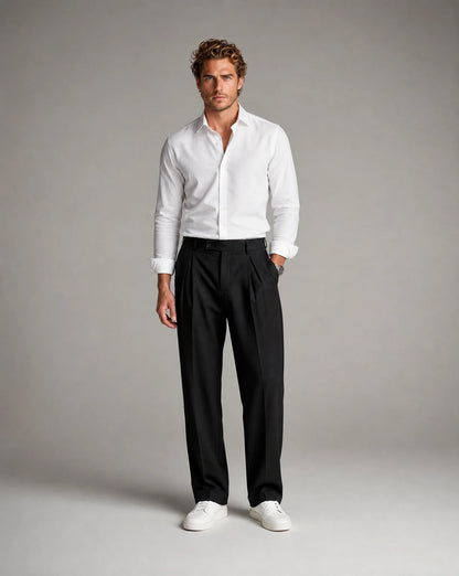 Full outfit featuring men's black wide leg pleated tailored trousers with relaxed fit and modern minimalist styling by ILYNORA