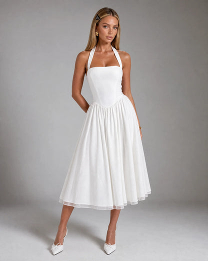 White corset back midi dress for women by Ilynora, front view with fitted bodice and feminine silhouette