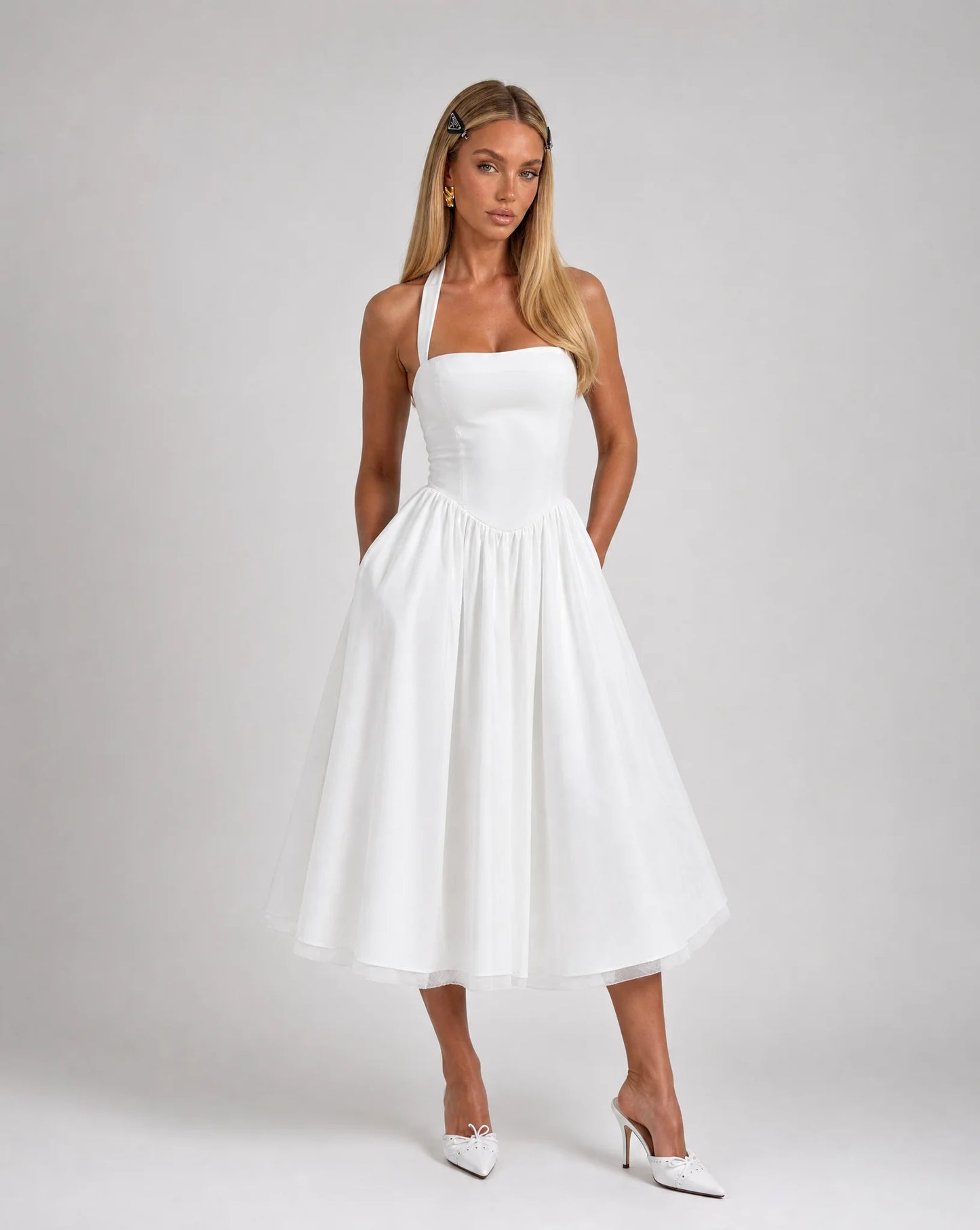White corset back midi dress for women by Ilynora, front view with elegant silhouette and flowing skirt