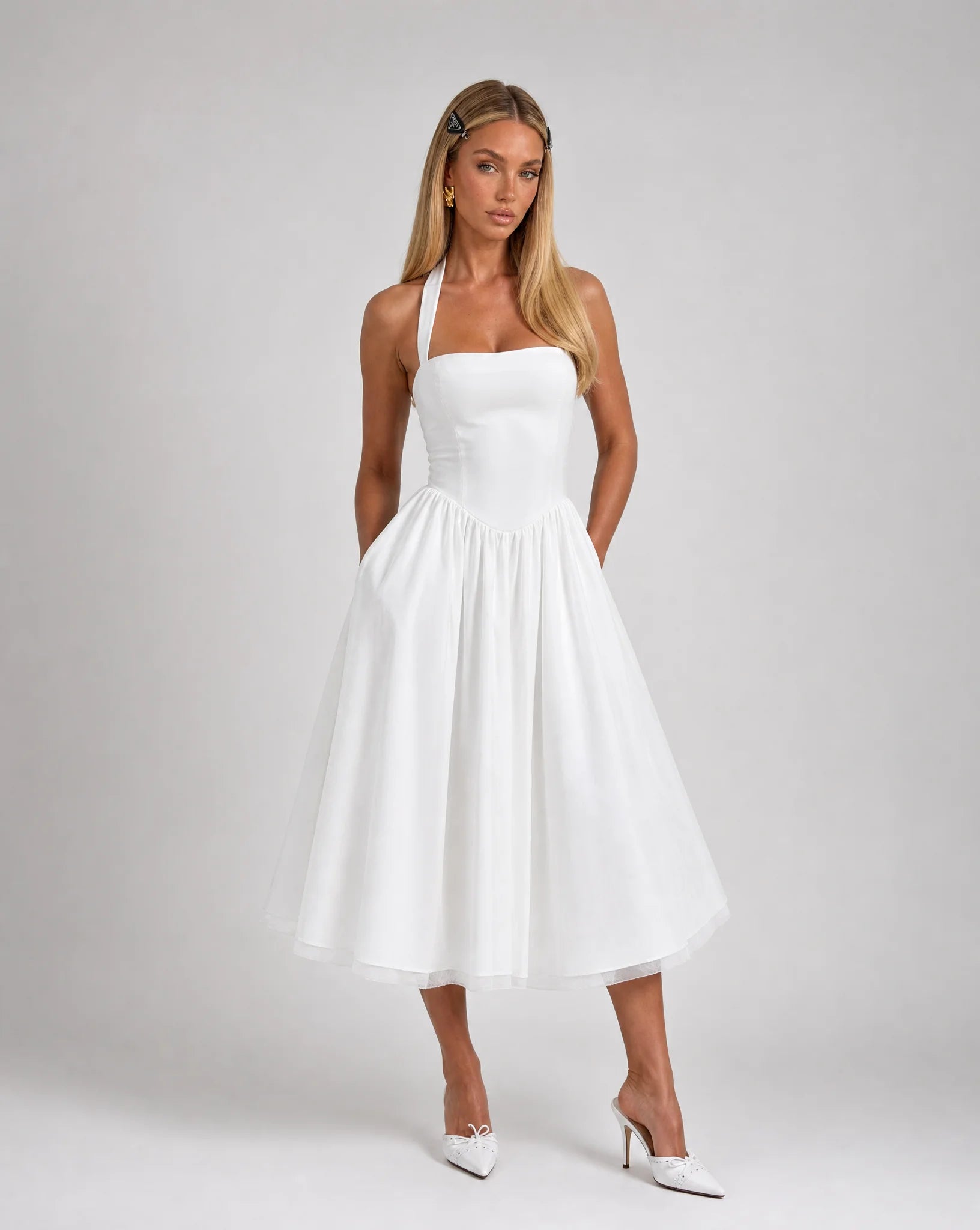White corset back midi dress for women by Ilynora, front view with elegant silhouette and flowing skirt