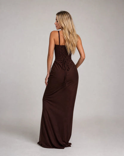 Brown corset bodycon maxi dress for women by Ilynora, back view showcasing the lace up detail and sleek fit