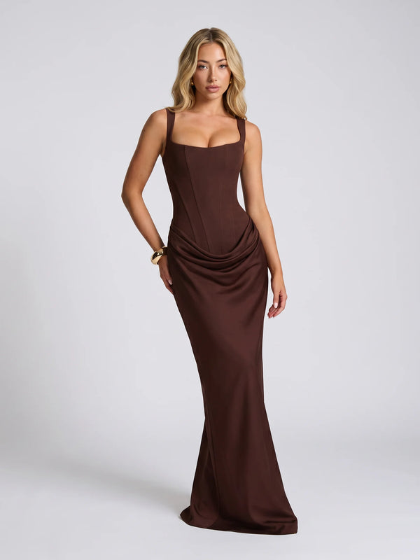 Brown corset bodycon maxi dress for women by Ilynora, front view with sculpted fit and elegant draping